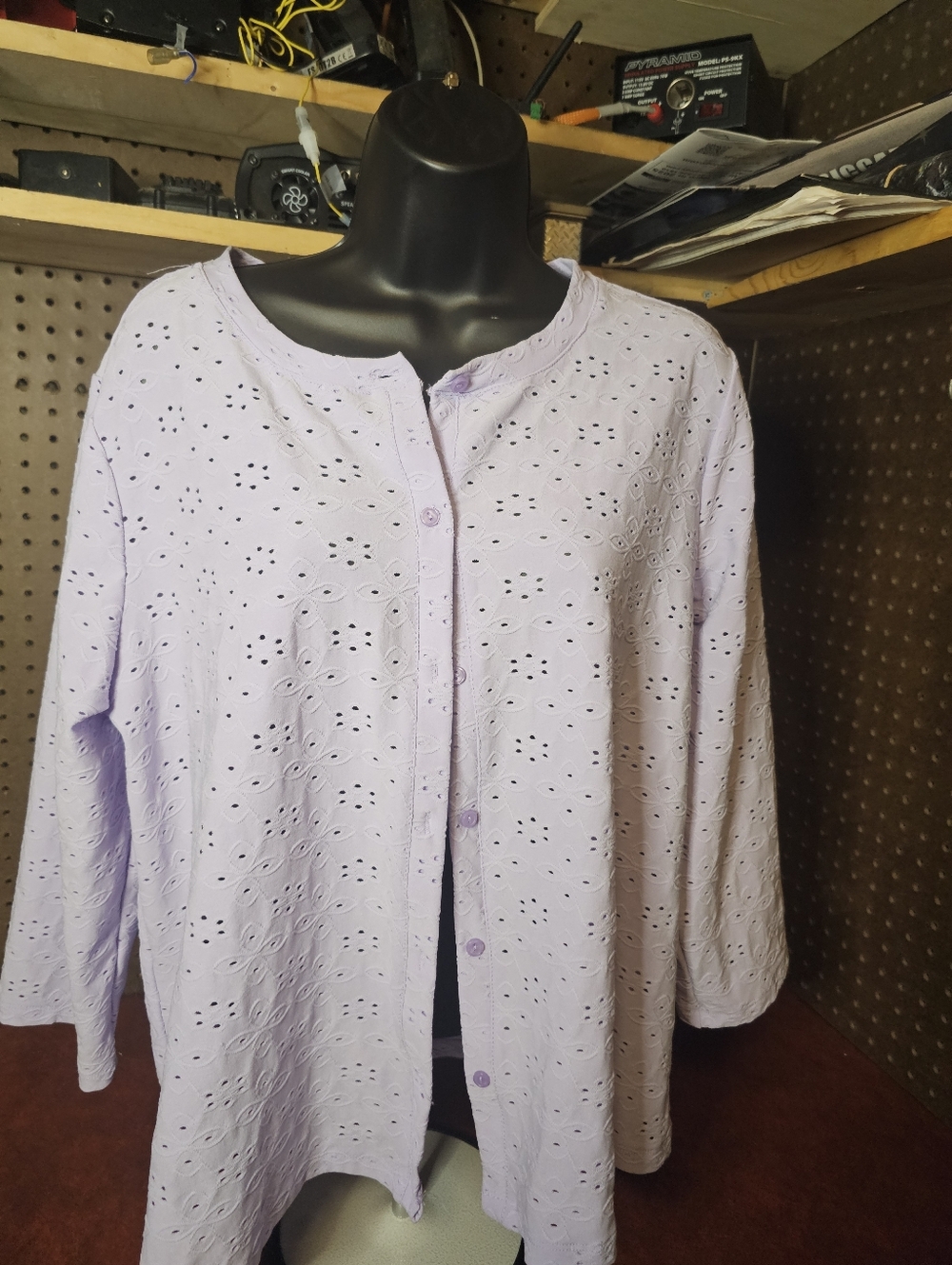 LOGO by Lori Goldstein Stretch Eyelet Button Front Cardigan Lavender 1X